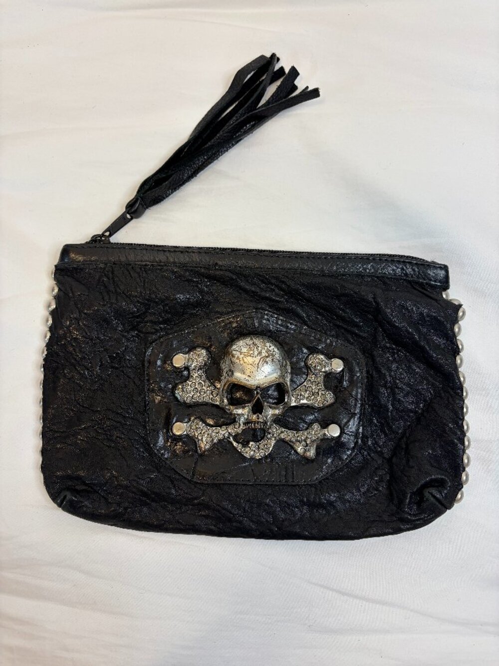 Leatherock USA Black Skull and Crossbone Studded Leather Clutch